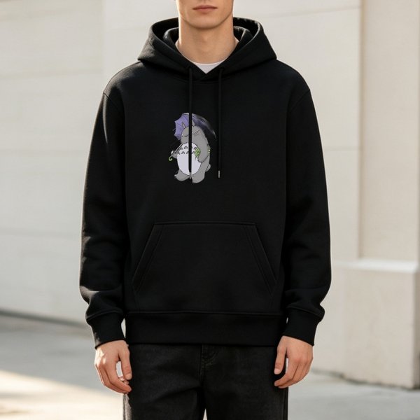Black hoodie with Totoro holding umbrella graphic