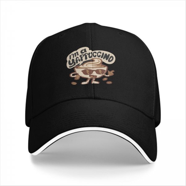 Black baseball cap with 'I'm a Yappuccino' coffee cartoon graphic