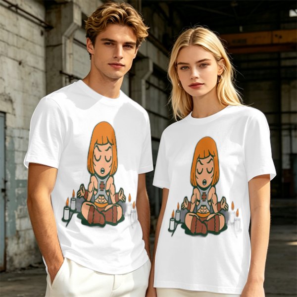 Olive T-shirt with cartoon muscular character meditating surrounded by candles