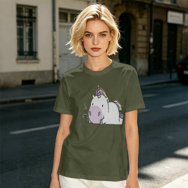 Olive green t-shirt with a chubby unicorn holding a steaming coffee cup