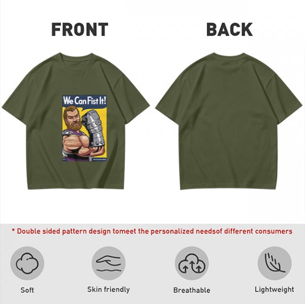 Olive graphic t-shirt with We Can Fist It! armored warrior print