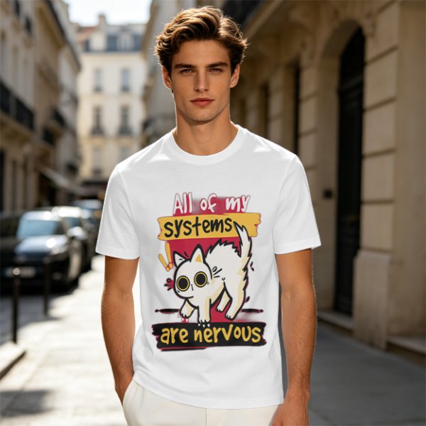 Olive graphic t-shirt with nervous white cat and 'All of my systems are nervous' text