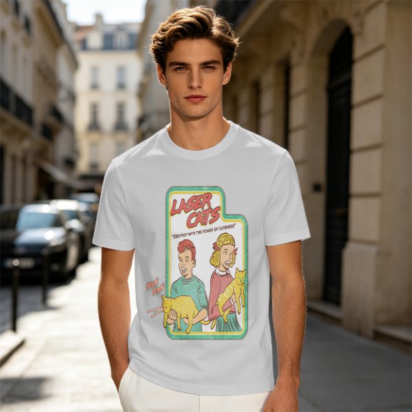 Olive graphic tee with Laser Cats retro comic print of kids holding laser cats