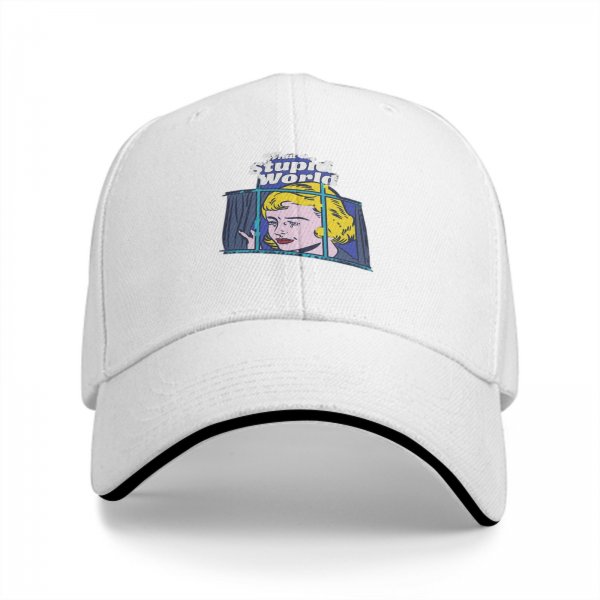 Black Baseball Cap With 'What a Stupid World' Retro Pop Art Print