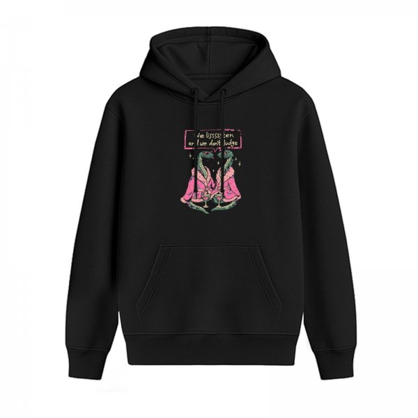 Black hoodie with snakes in robes graphic that says we listen or we don't judge
