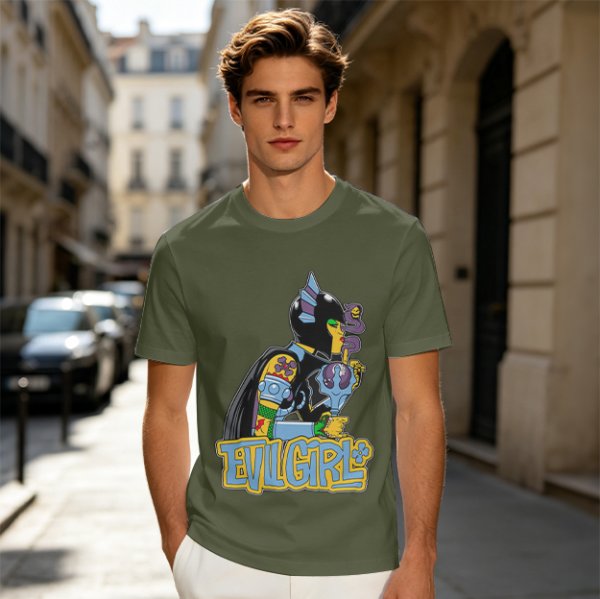Olive T-shirt with Evil Girl Graphic Print