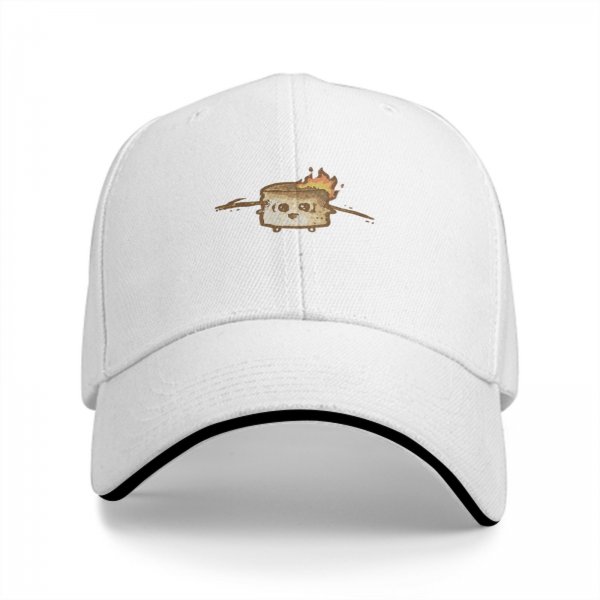 Black baseball cap with cute burning marshmallow graphic