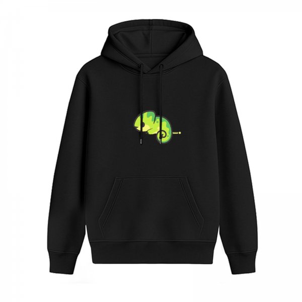 Black Hoodie with Cute Green Chameleon Graphic Print