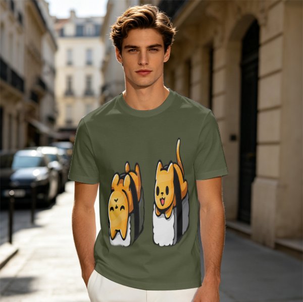 Olive T-shirt with cute sushi cat graphic print