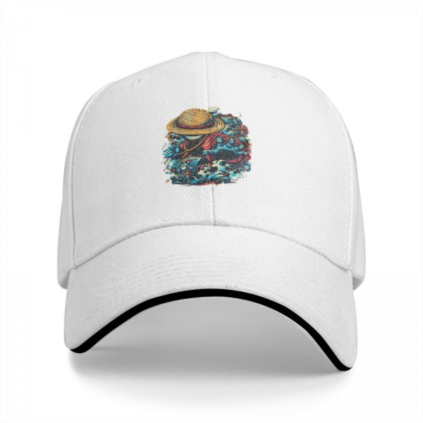 Black Baseball Cap with One Piece Straw Hat Pirate Graphic