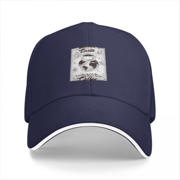 Black baseball cap with earth and coffee themed graphic print