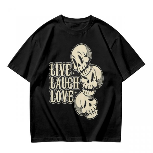 Olive Graphic T-Shirt with Live Laugh Love and Stacked Skulls