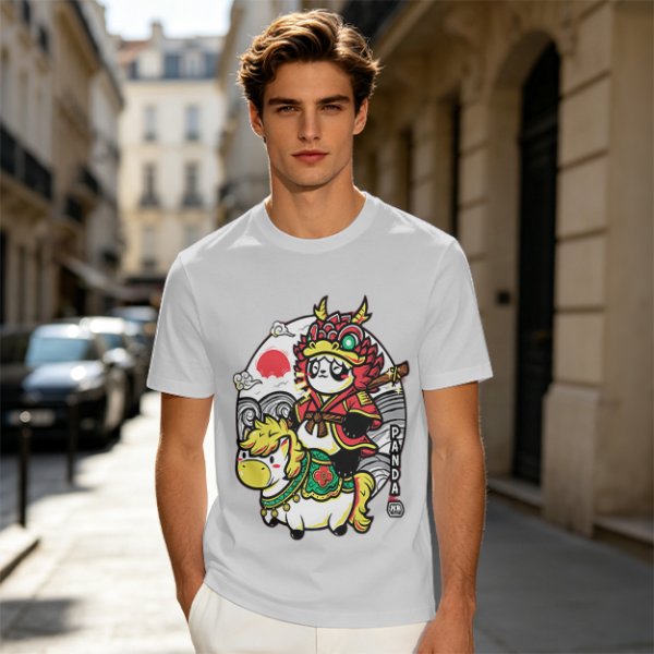 Olive T-shirt with Panda Warrior Riding Mythical Horse Graphic