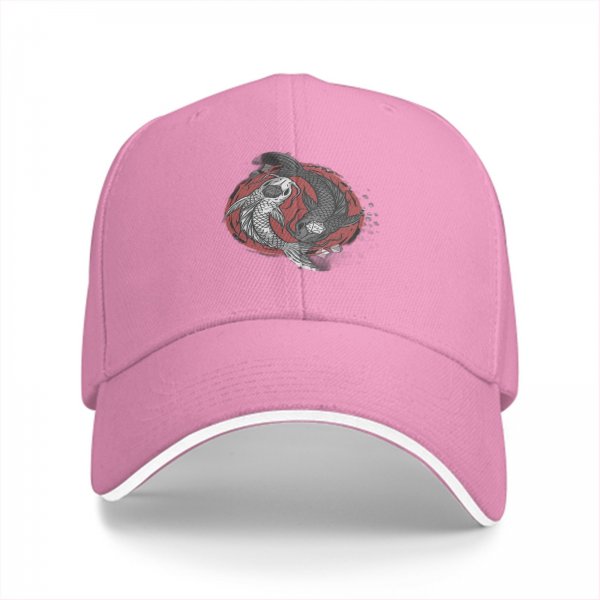 Black Baseball Cap With Yin Yang Koi Fish Red Circle Artwork