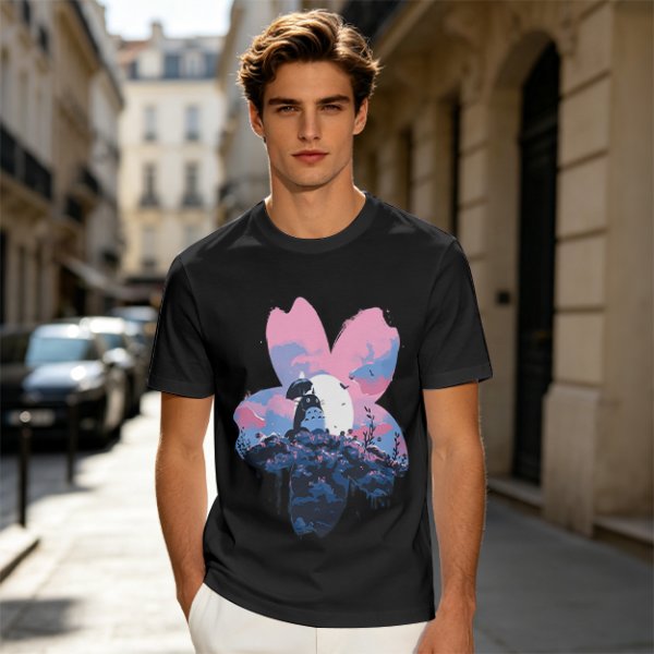 Olive T-Shirt with Sakura Flower and Whimsical Forest Creature Print