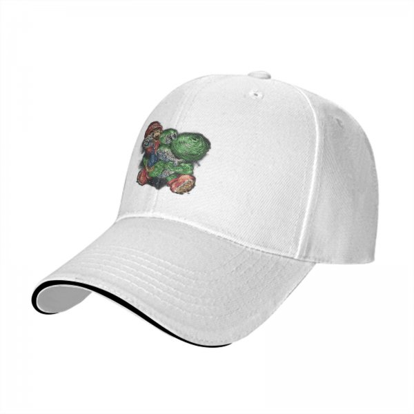 Black Baseball Cap With Artistic Mario And Green Turtle Print