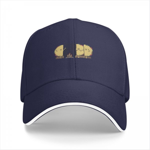 Black baseball cap with cartoon tacos gathered around a campfire graphic