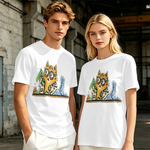 Olive T-Shirt With Mad Scientist Cat Chemistry Lab Print