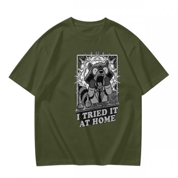 Olive Graphic Tee With Shocked Raccoon Scientist I Tried It At Home Print