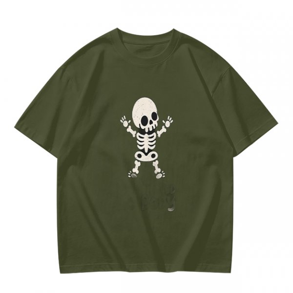 Olive green t-shirt with cute cartoon skeleton graphic