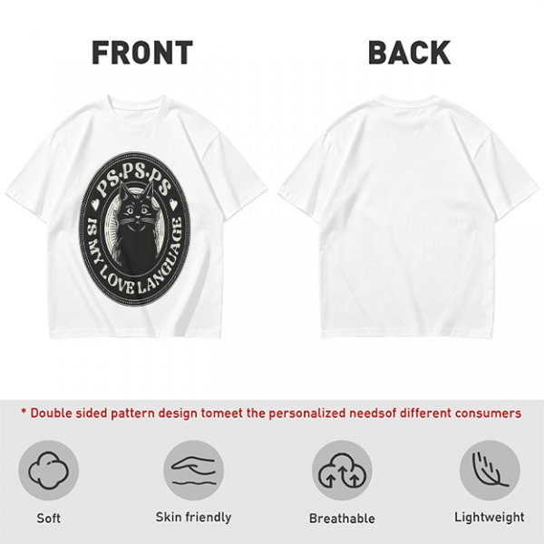 Olive cat graphic t-shirt with 'PS PS PS is my love language' print