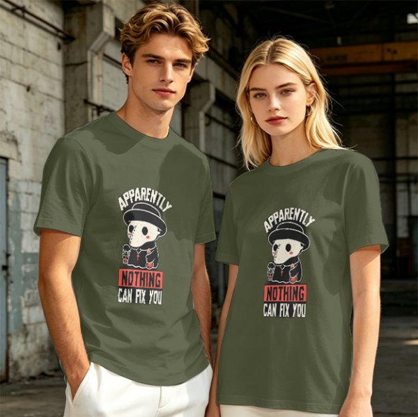 Olive T-Shirt With Cute Plague Doctor Graphic And 'Apparently Nothing Can Fix You' Text