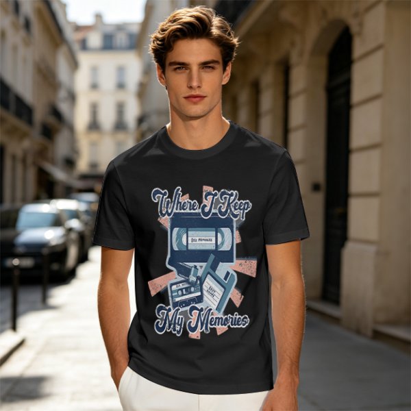 Olive Retro T-Shirt With Vintage Media Print 'Where I Keep My Memories'