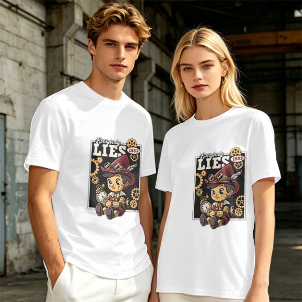 Olive t-shirt with steampunk Pinocchio 'Everybody Lies' graphic print