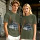 Olive Green Graphic T-Shirt with Classic Dark Car and Orange Text Print