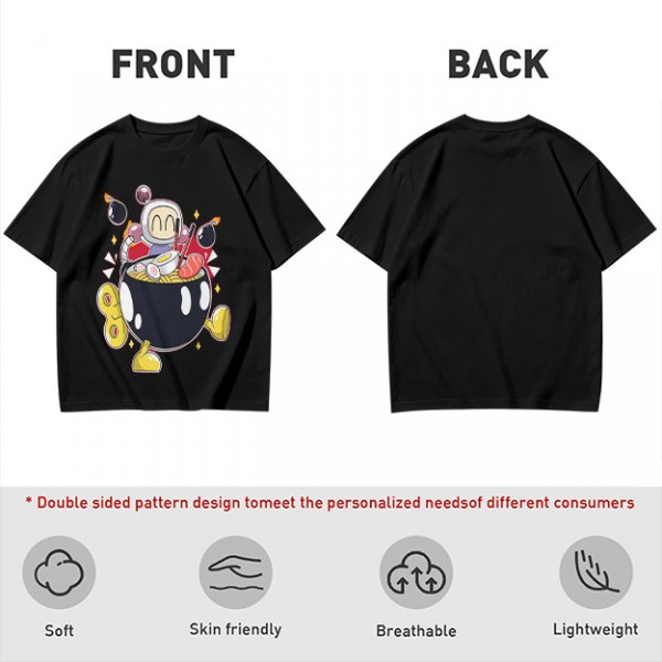 Olive T-shirt with Bomberman Character Eating Ramen Print