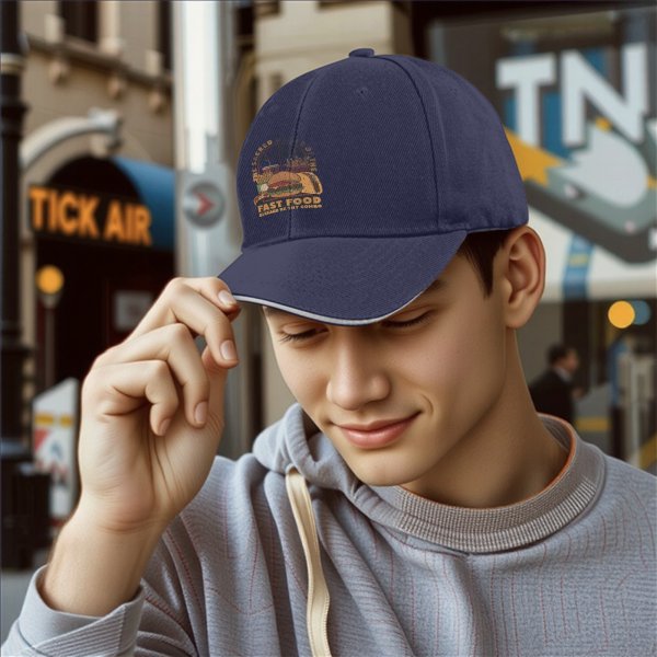 Black Baseball Cap With Sacred Fast Food Combo Graphic