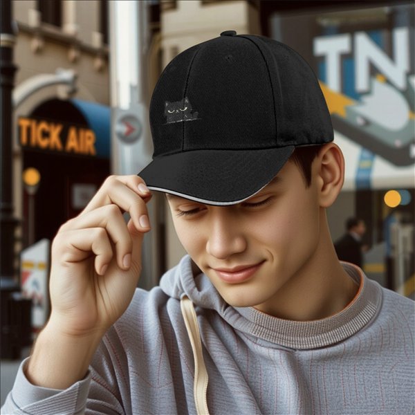 Black Baseball Cap With Grumpy Black Cat Graphic Design