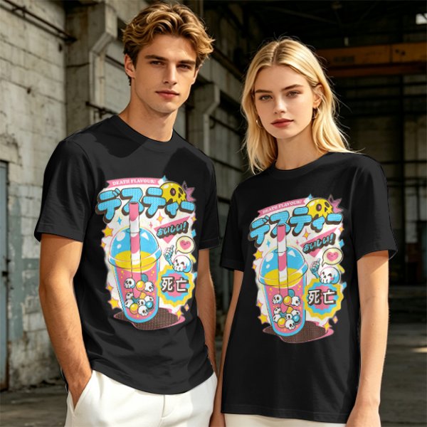 Oversized Graphic Tee with Death Flavor Bubble Tea Print