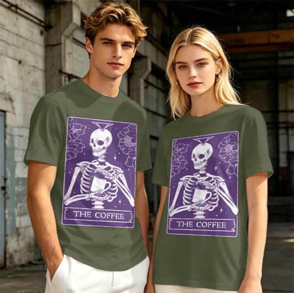 Olive T-Shirt With Skeleton Tarot Card 'The Coffee' Print