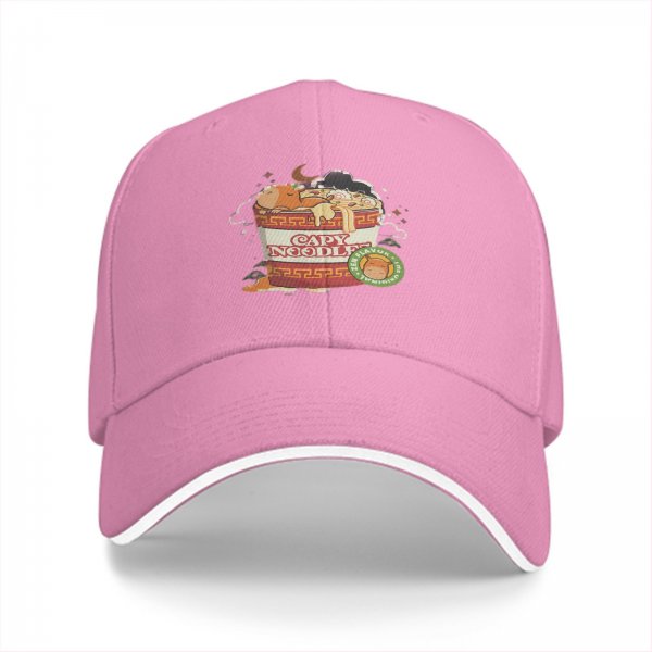 Black baseball cap with capybara in ramen cup graphic
