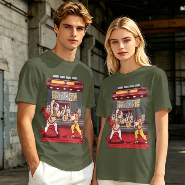 Olive T-shirt with Fast Food Themed Street Fighter Style Fight Artwork
