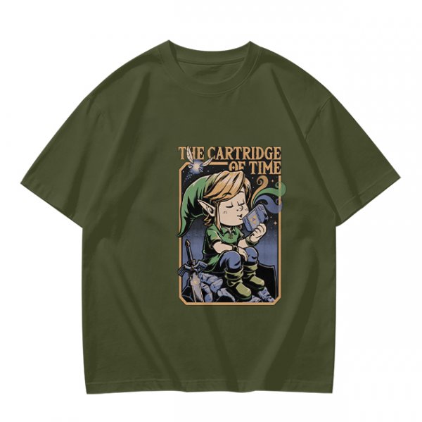 Olive t-shirt with The Cartridge of Time elf character print