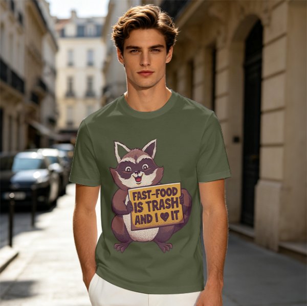 Olive t-shirt with a raccoon holding a fast food trash sign
