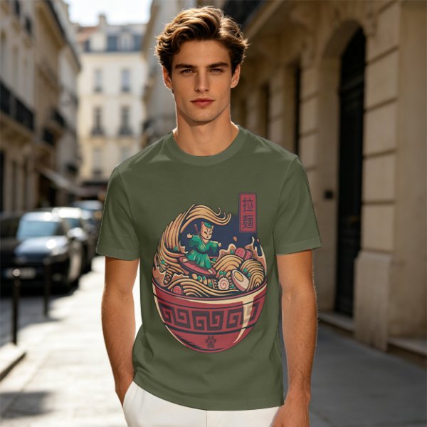 Olive T-shirt with Samurai Cat Surfing Ramen Bowl Art