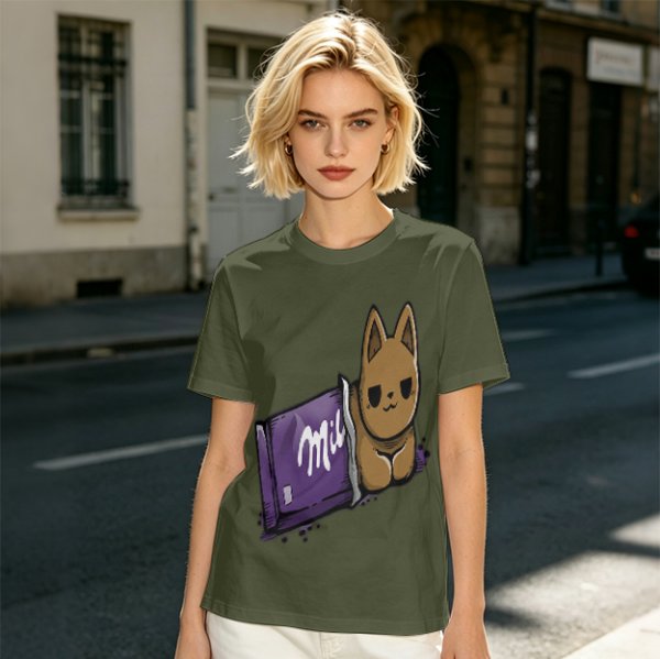 Olive T-shirt with a cartoon cat emerging from a purple chocolate wrapper print