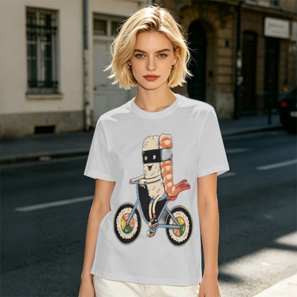 Olive T-Shirt With Sushi Ninja Riding Bicycle Print
