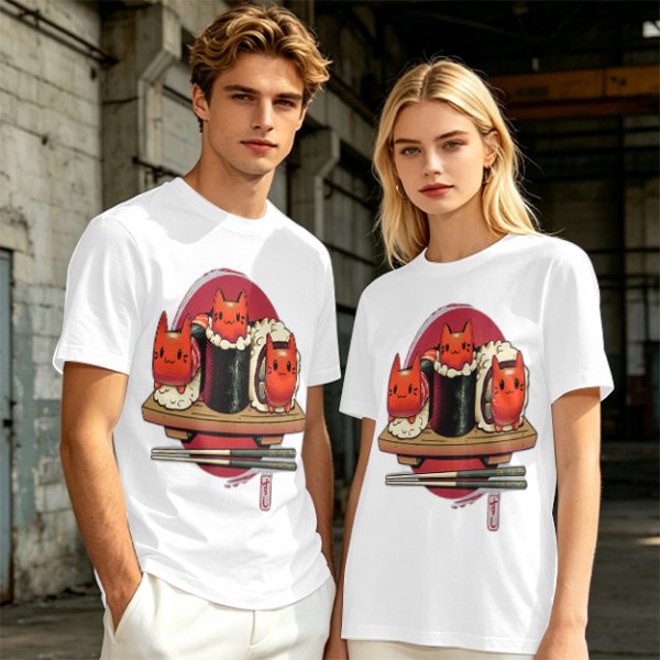 Olive t-shirt with cute cat sushi characters on a wooden platter