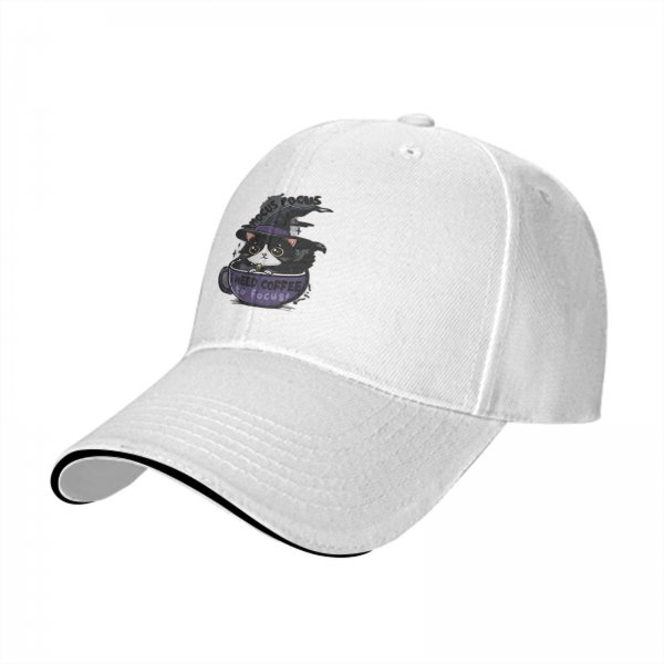 Black baseball cap with witch cat coffee cup 'I need coffee to focus' print