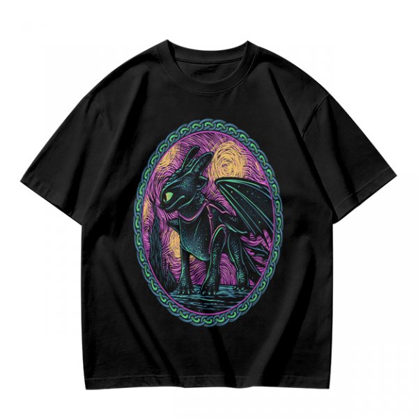 Olive T-Shirt Featuring Stylized Night Dragon In Swirling Oval Art