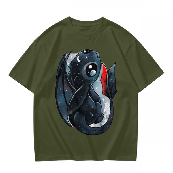 Olive T-shirt with cute starry night dragon graphic