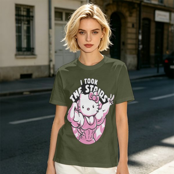 Olive t-shirt with muscular Hello Kitty graphic and 'I Took The Stairs' text