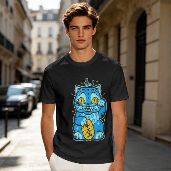 Olive T-Shirt With Blue Maneki-Neko Monster Graphic Print