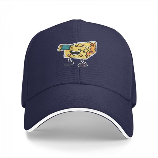 Black Baseball Cap With Cartoon Cheese Taking Selfie Peace Sign