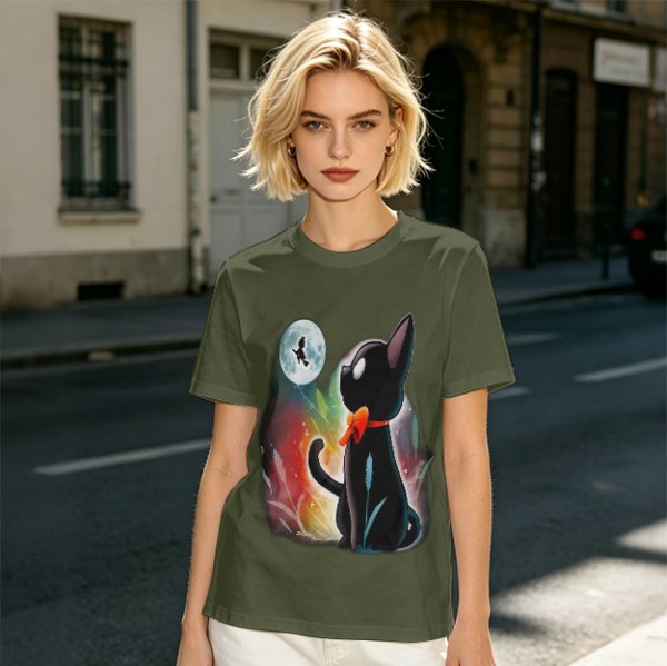 Olive T-shirt with black cat watching moon witch silhouette print