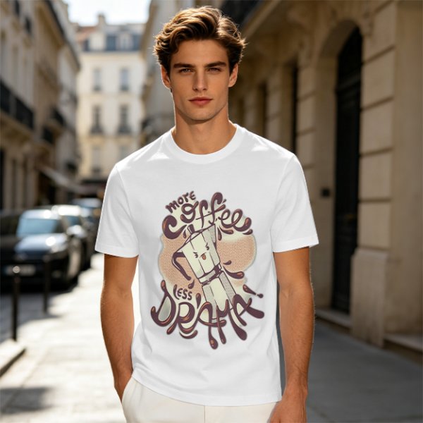 Olive t-shirt with 'More Coffee Less Drama' and moka pot graphic